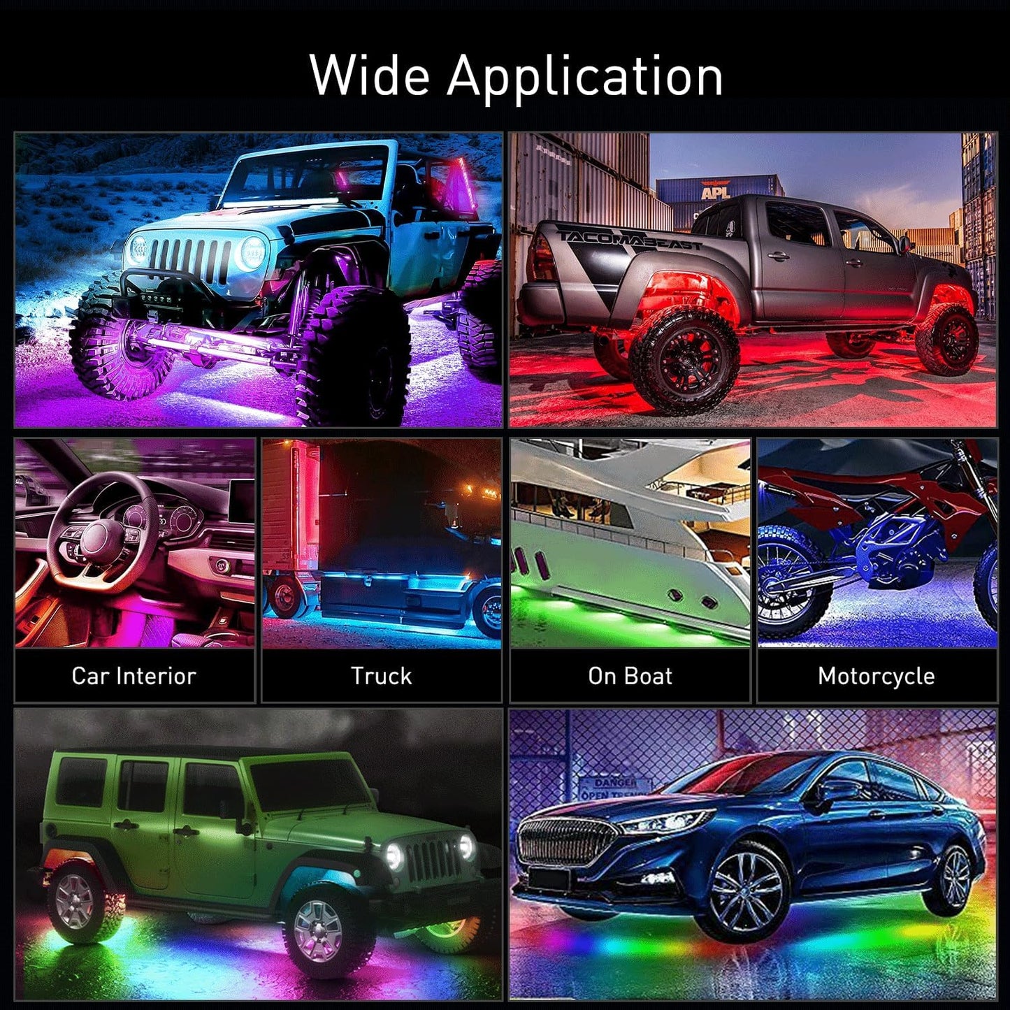 Nilight 6Pcs Car Underglow Neon Accent Strip Lights 300 LEDs Multi Color RGB-IC DIY Sound Active Function Music Mode with APP Control and Remote Control Underbody Light Strip