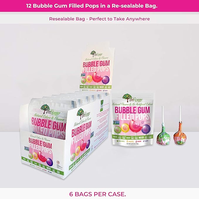 Tree Hugger Bubble Gum Filled Pops in Stand Up Resealable Bags, 6 Bags (12 Pops Per Bag).