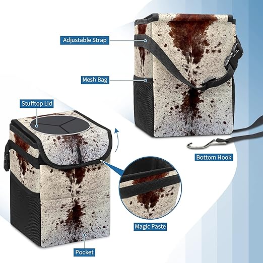 Western Brown Cow Print Car Trash Can with Lid Collapsible Reusable Waterproof Car garage bag,Automotive Garbage Can,Car Accessories Interior Car Organizer