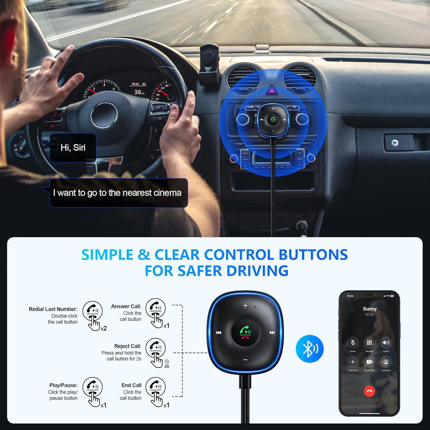 Bluetooth 5.3 Aux Car Adapter, SONRU Bluetooth Receiver for Car [Dual Connection & Mic Noise Cancellation], Aux Adapter with Plug-and-Play for Music/Hands-Free Calls/Stereo Audio