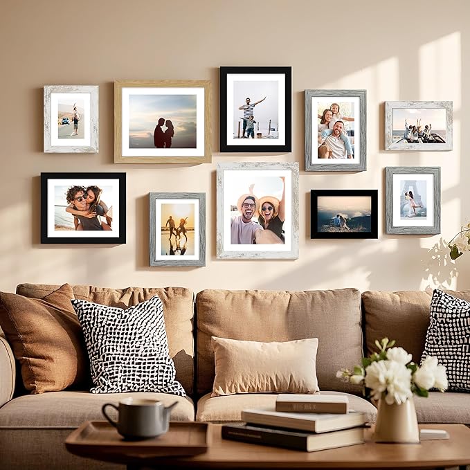 10x12 Picture Frame Set of 4, Made of Real Glass and Black Frame - Display Picture 8x10 with Mat or 10x12 Without Mat, 10 by 12 Photo for Wall Mounting