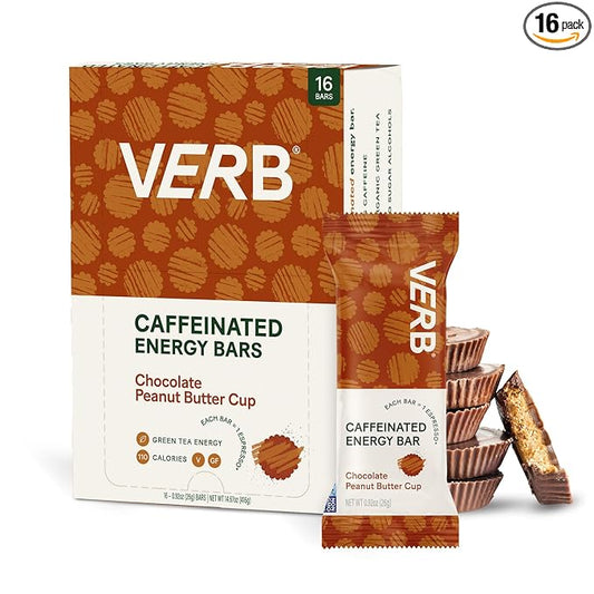 Verb Caffeinated Energy Bars Chocolate Peanut Butter Cup (26g, Pack of 16) 110-Calorie Delicious Energy Bar, Gluten Free On-the Go Snack with 80mg Green Tea Caffeine, Only Real-Food Ingredients