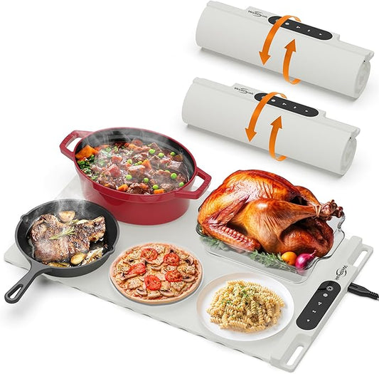 Electric Warming Mat for Food (2-Pack)- Full Surface Fast Heating Silicone Warmer Tray with 3-Level Temperature, Auto-Off, Raised Feet for Table Protection, for Gatherings, Parties, Home Buffet, White