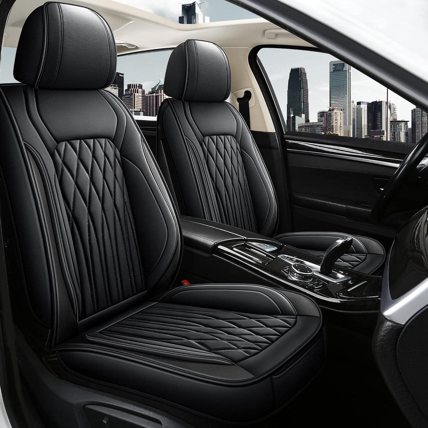 Pariitadin Leather Car Seat Covers Full Set, Waterproof Faux Leather Seat Covers for Cars, Non-Slip Car Interior Covers Universal Fit for Most Cars Sedans Trucks SUVs, Black Line