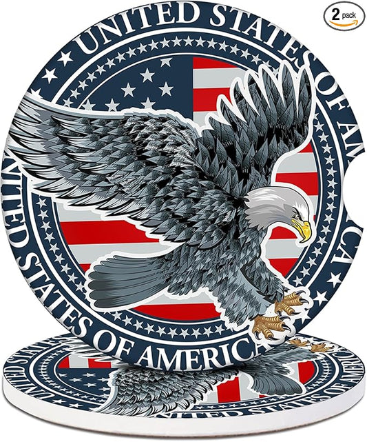 Car Cup Holder Coaster - Vintage USA Flag Eagle Absorbent Ceramic Coaster 2 Pack, Car Coasters for Cup Holders, Fashion Car Interior Accessories Drink Coaster for Women & Men