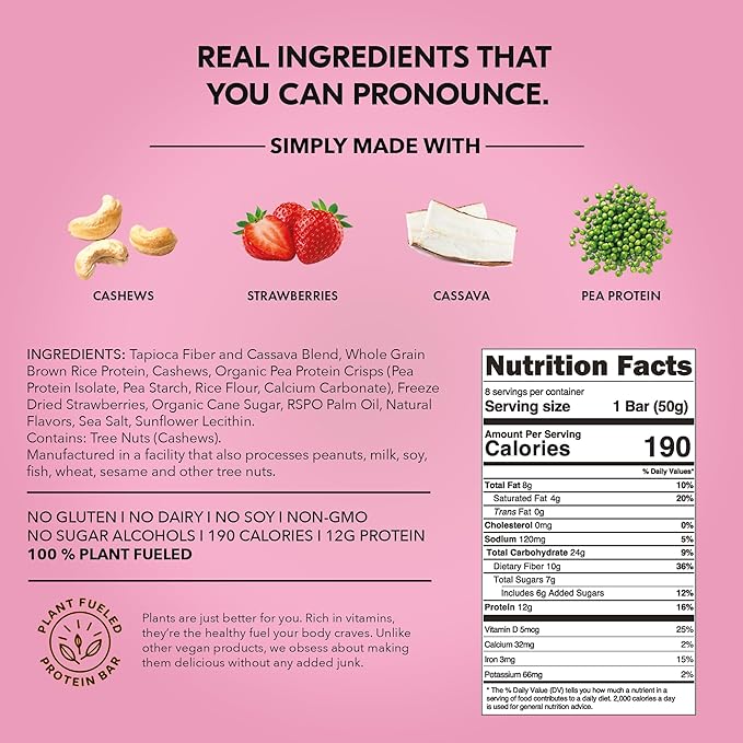 TRUBAR Vegan Protein Bar, Strawberry Shorty Got Cake, Gluten Free, Plant Based Protein, Dairy Free, Non GMO, Soy Free, No Sugar Alcohols, 12G Protein, 12G Fiber, 23G Carb, On the Go Snack Bars, 12 CT