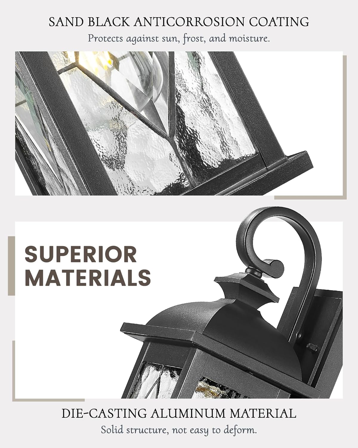 FEMILA 15" Exterior Wall Sconce, 2-Pack Outdoor Waterproof Wall Lights Fixture, Anti-Rust Matte Black Finish with Water Ripple Glass,4FD54B-2PK BK-SD