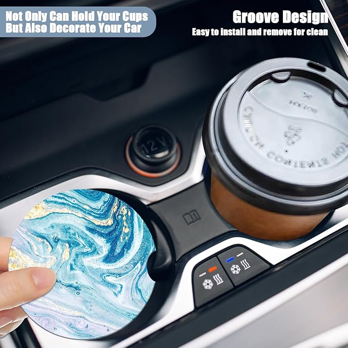 Car Cup Holder Coaster - Blue Absorbent Ceramic Coaster 2 Pack, Car Coasters for Cup Holders, Fashion Car Interior Accessories Drink Coaster for Women & Men