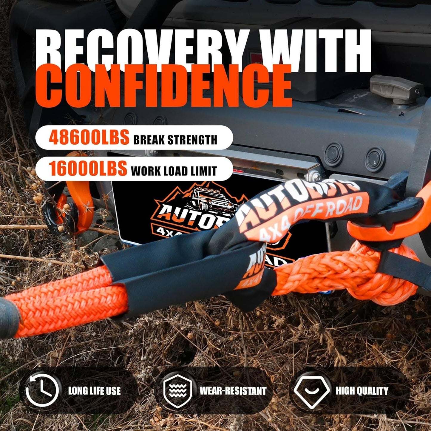 AUTOBOTS Kinetic Recovery Rope 1" x 30'(48,600lbs)+2 Soft Shackles，Heavy Duty Tow Rope Tow Strap for Truck ATV UTV SUV Car，Offroad Recovery Kit