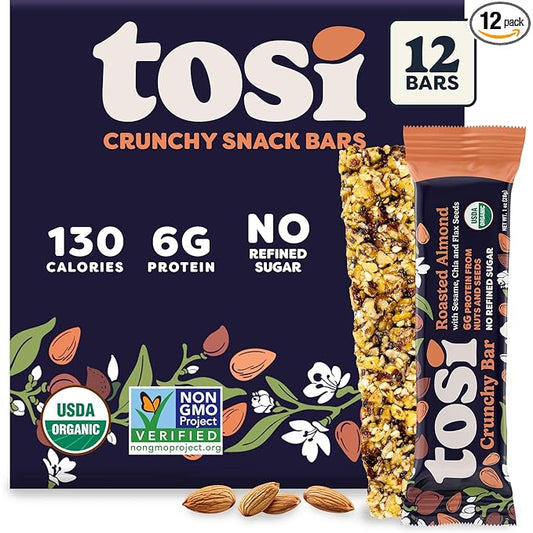 Tosi Almond Protein Bars, Plant Based with Nuts, Gluten-Free Crunchy Snacks, Vegan, Organic, Flax & Chia Seeds, Soy-Free, Omega 3s, 5G Protein, 1oz, 12-Pack