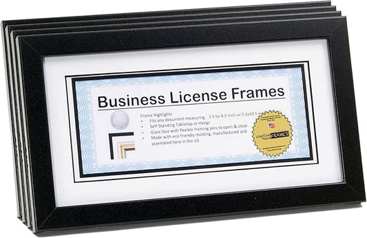 Creative Picture Frames 4-6X11Bk-W Black Business License Frames With Mat To Hold 3.5 By 8.5 Inch Self Standing Easel