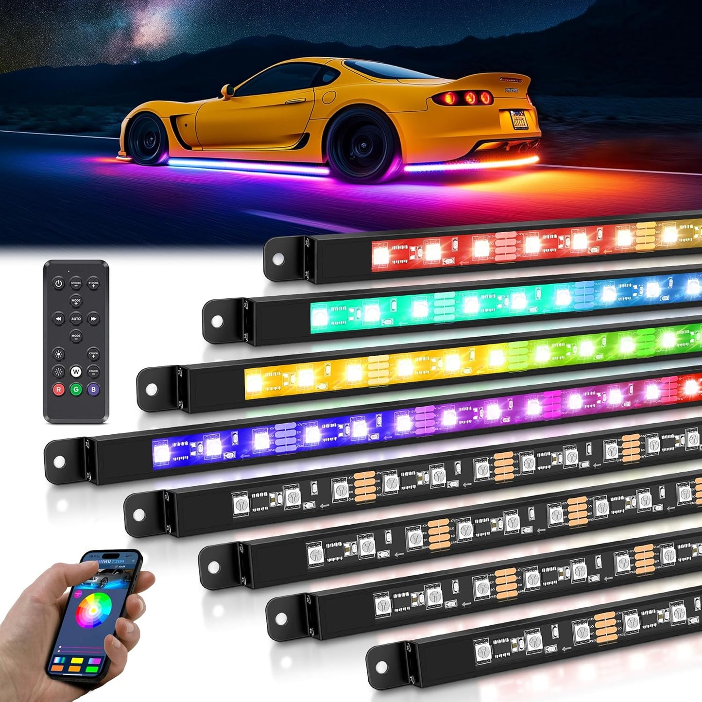 MICTUNING 8Pcs N8+ Chasing Color RGB+IC Underglow Neon Accent Strip Lights, 12V Multi DreamColor Music Soundsync Exterior Underbody Lights for Car, Wireless App & Remote Control, 2 Years Warranty