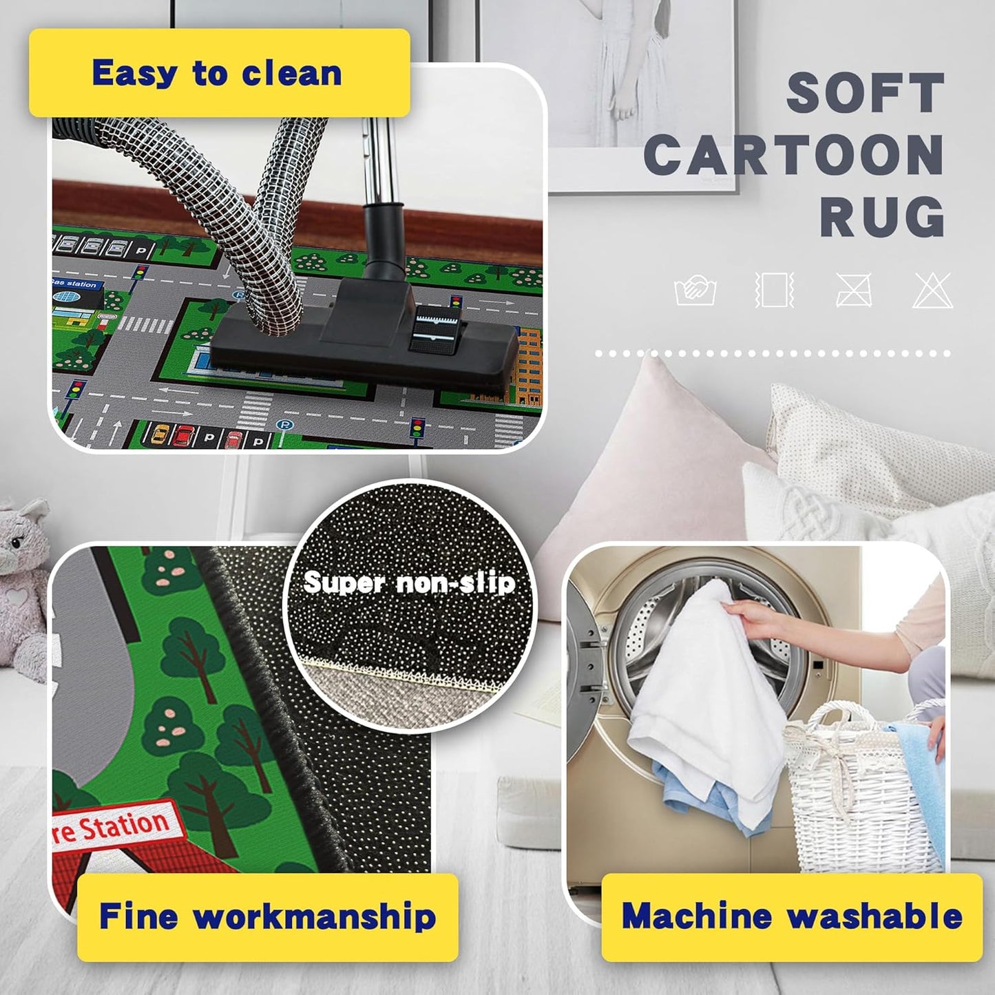 Fun Car Play Area Carpet Car Mat 3x4 Play Rug for Playroom Town City Road Map for Boys Bedroom Non-Slip Washable