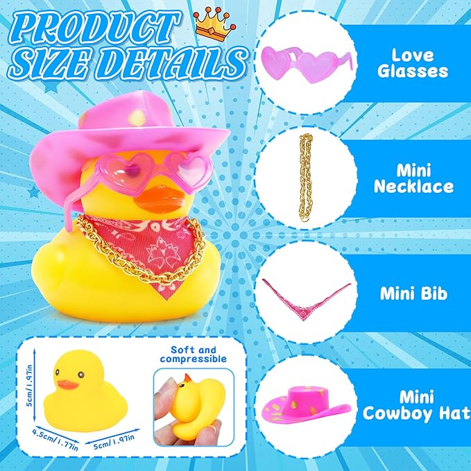 BOZILY Funny Car Accessories Rubber Duck Decor with Mini Cowboy Hat, Heart Sunglasses, Gold Necklace & Double-Sided Tapes - Pink Style Rubber Duck Ornament for Car Dashboard Decorations