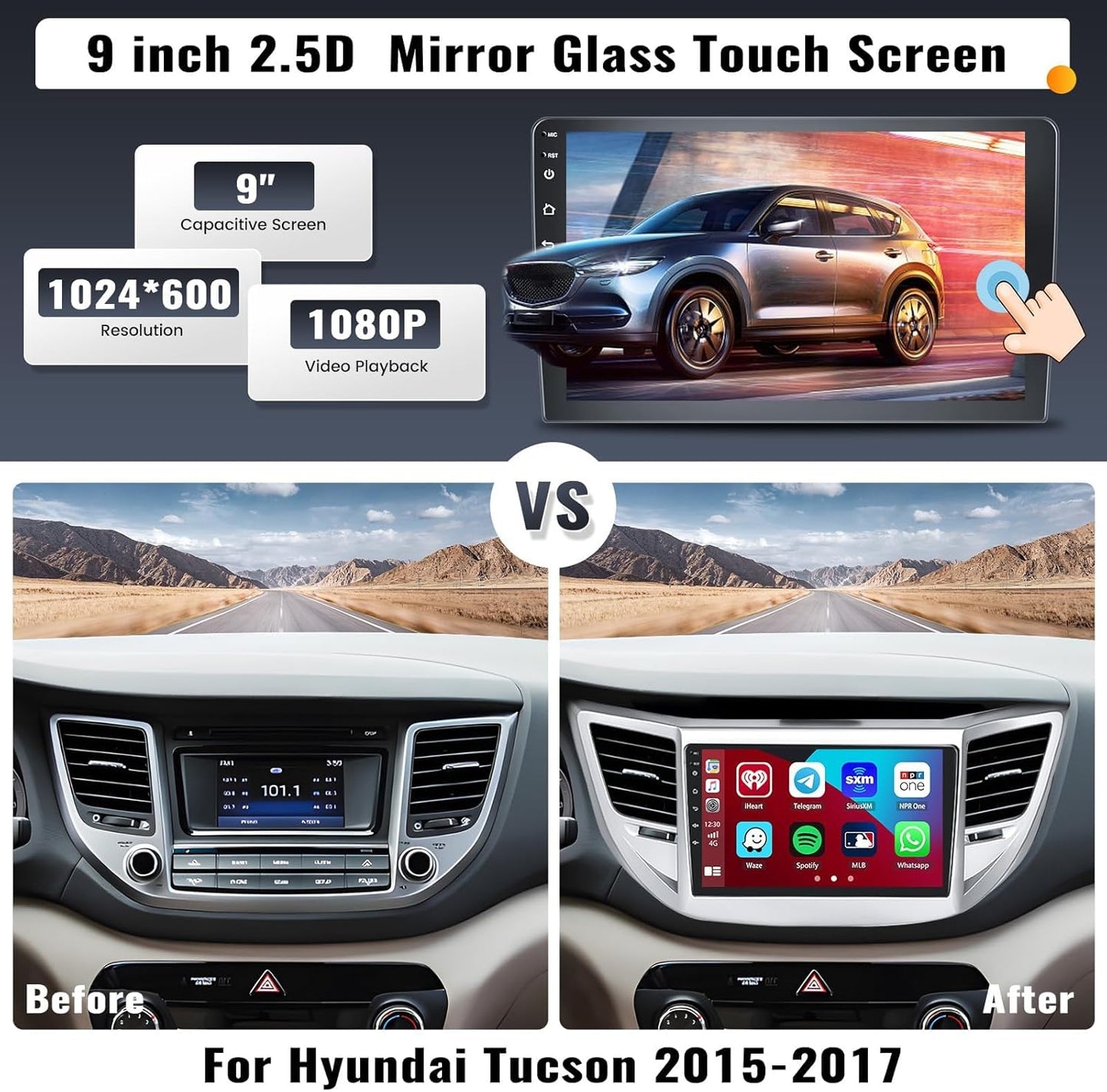 2G+64G 9 Inch Android Car Stereo for Hyundai Tucson 2015-2018 Radio Wireless Apple CarPlay Android Auto Bluetooth Touchscreen GPS Navigation Head Unit WiFi FM USB SWC Split Screen+AHD Backup Camera