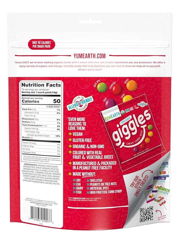 YumEarth Organic Fruit Flavored Giggles Chewy Candy Bites, 10-0.5 oz. Snack Packs, Allergy Friendly, Gluten Free, Non-GMO, Vegan, No Artificial Flavors or Dyes (Pack of 2)