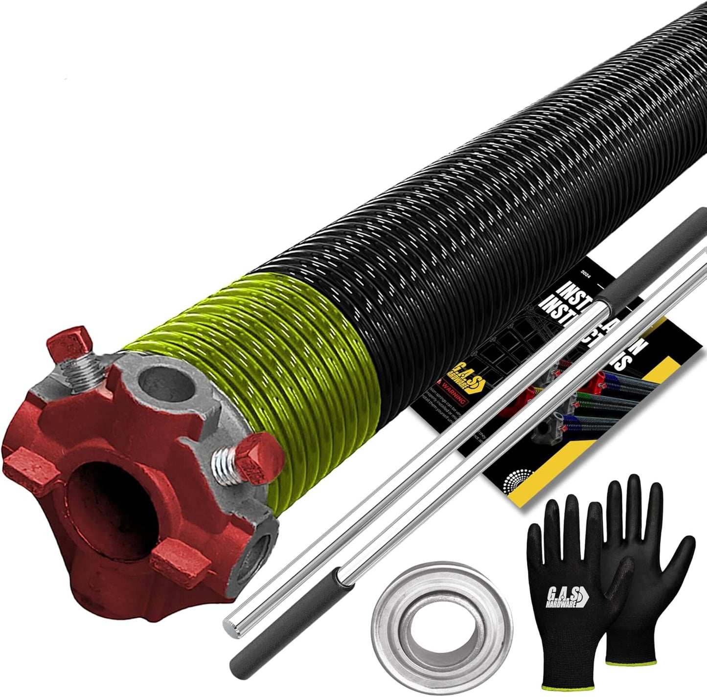 Garage Door Torsion Spring 207x2x24 Torsion Springs for Left Side of Garage Door with 1" Steel Bearing, Gloves, and Winding Bars Precision E-Coating 5-Year Warranty Minimum 30,000 Cycles (Red Cone)