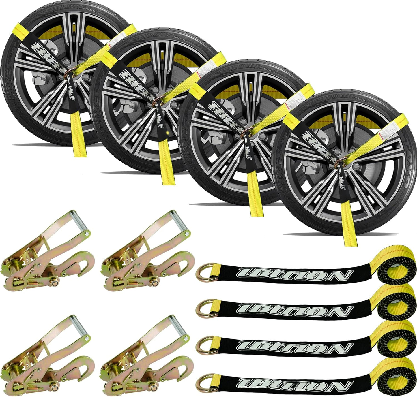 4 Pack Car Tie Down Straps for Trailers - 2" x 96" - 3,300 lbs Safe Working Load -Adjustable Wheel Straps for Hauling Cars.Yellow