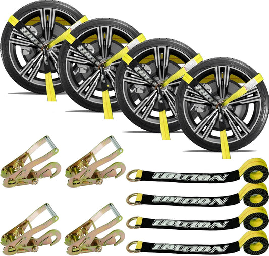 4 Pack Car Tie Down Straps for Trailers - 2" x 96" - 3,300 lbs Safe Working Load -Adjustable Wheel Straps for Hauling Cars.Yellow