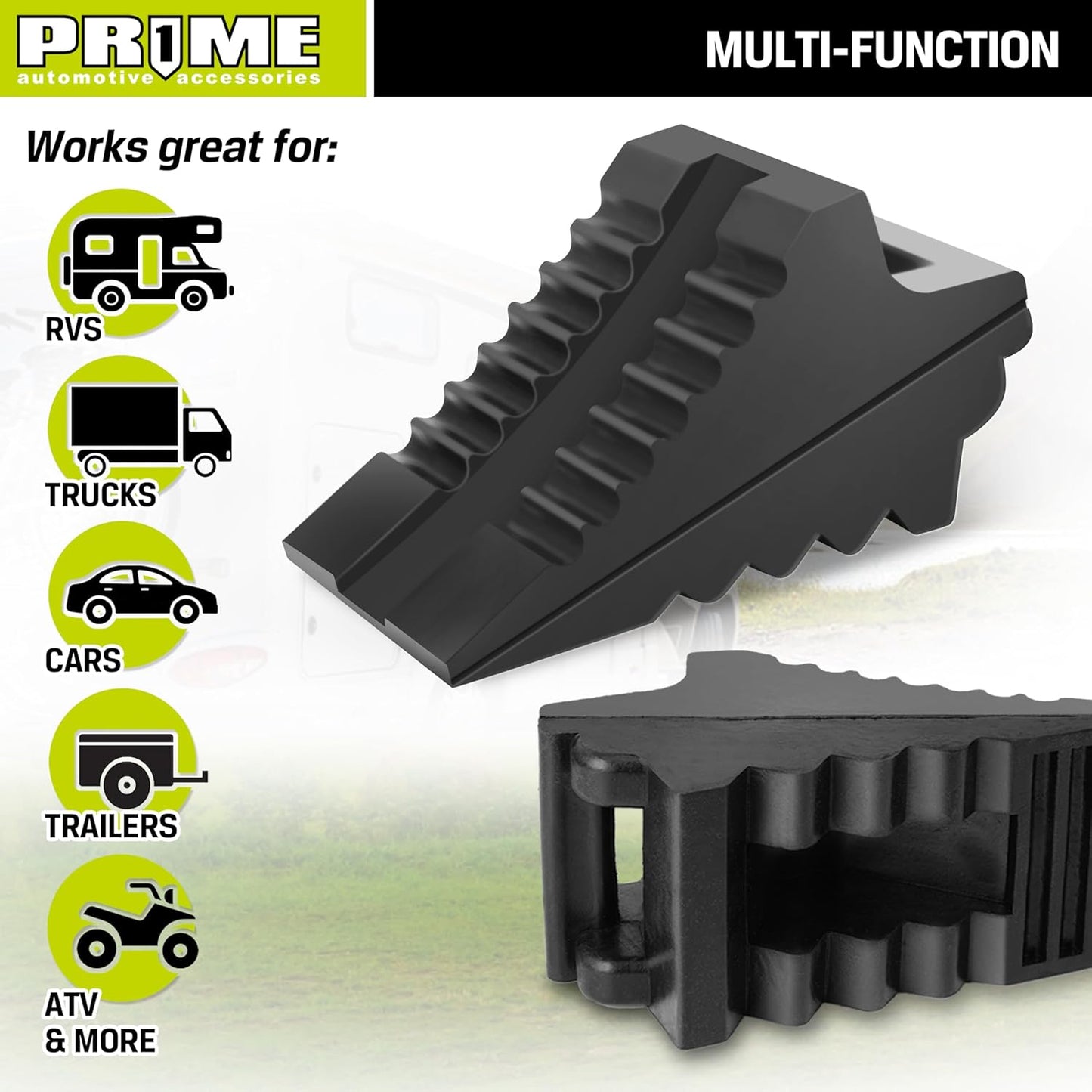 PR1ME Heavy Duty Rubber Wheel Chocks, Rubber Tire Blocks, RV Solid Rubber Wheel Wedge Blocks, 2 Pack Black 8.6" x 3.7" x 4.7", Carrying Handle, for Travel Trailer, Camper, RV, Truck