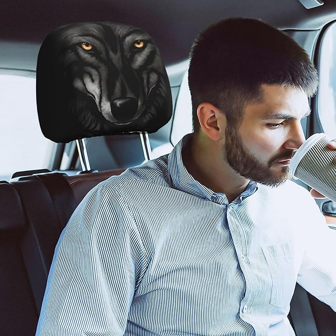 Dujiea 2 Pack Black Wolf Car Headrest Covers, Universal Soft Car Seat Head Rest Cover Protector, Vehicle Accessories Fabric Headrest Cover for Cars Vans Trucks
