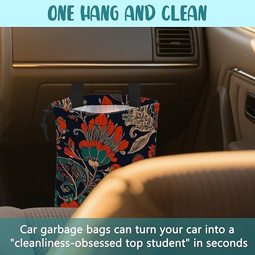 Car Garbage Bag Abstract Red and Green Flowers Hanging Canvas Car Trash Bag Waterproof Drawstring Car Back Seat Organizer for Car Back Front Seat Console with Adjustable Buckle