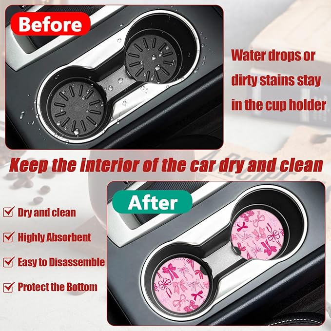 Pink Bow Car Coasters for Cup Holders, Absorbent Ceramic Car Coaster Car Cup Holder Coaster Car Accessories for Women Men (2 Pack)