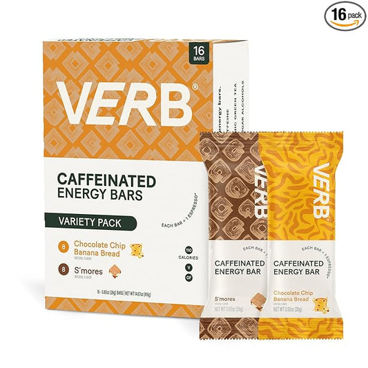 Verb Caffeinated Energy Bars Variety Pack - 2 Delicious Flavors (26g, Pack of 16) 110-Calorie Delicious Low Sugar Energy Bar, Vegan & Gluten Free On-the Go Snack with 80mg Green Tea Caffeine