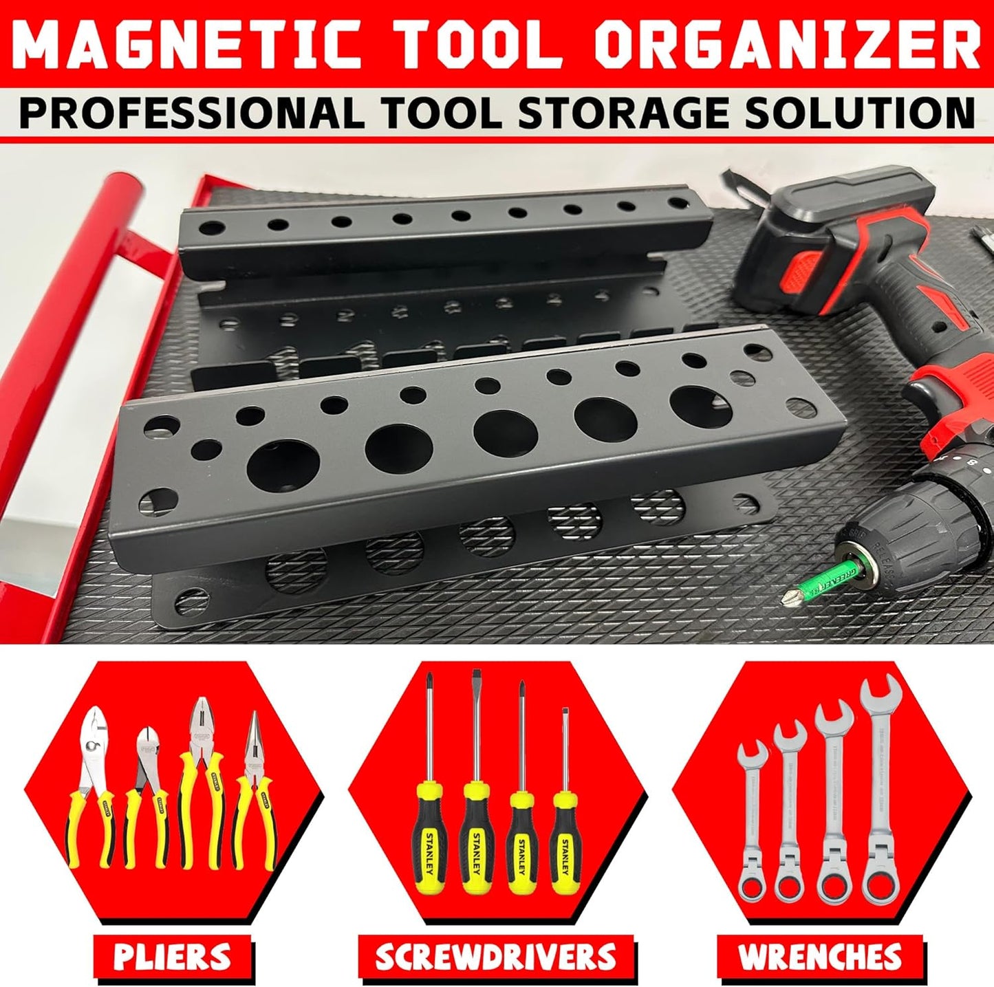 ULIBERMAGNET Magnetic Screwdriver Holder,Magnetic Wrench Holder,Heavy Duty Black Metal Tool Storage Organizer,Set of 2 Magnetic Mount Tool Holder for Garage,Workbench,Tool Cart,PegBoard