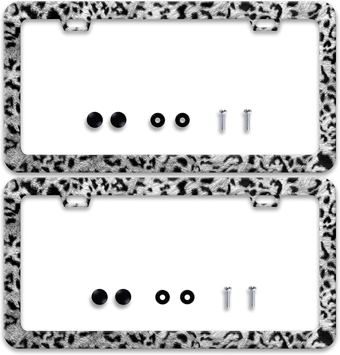 2 Pcs Grey Black Leopard Print License Plate Frame Cheetah License Plate Frames Personalise Stainless Steel Funny Design Compatible with Standard License Plate Holder for USA Canada 6 X 12 Inch