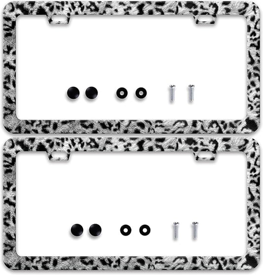 2 Pcs Grey Black Leopard Print License Plate Frame Cheetah License Plate Frames Personalise Stainless Steel Funny Design Compatible with Standard License Plate Holder for USA Canada 6 X 12 Inch