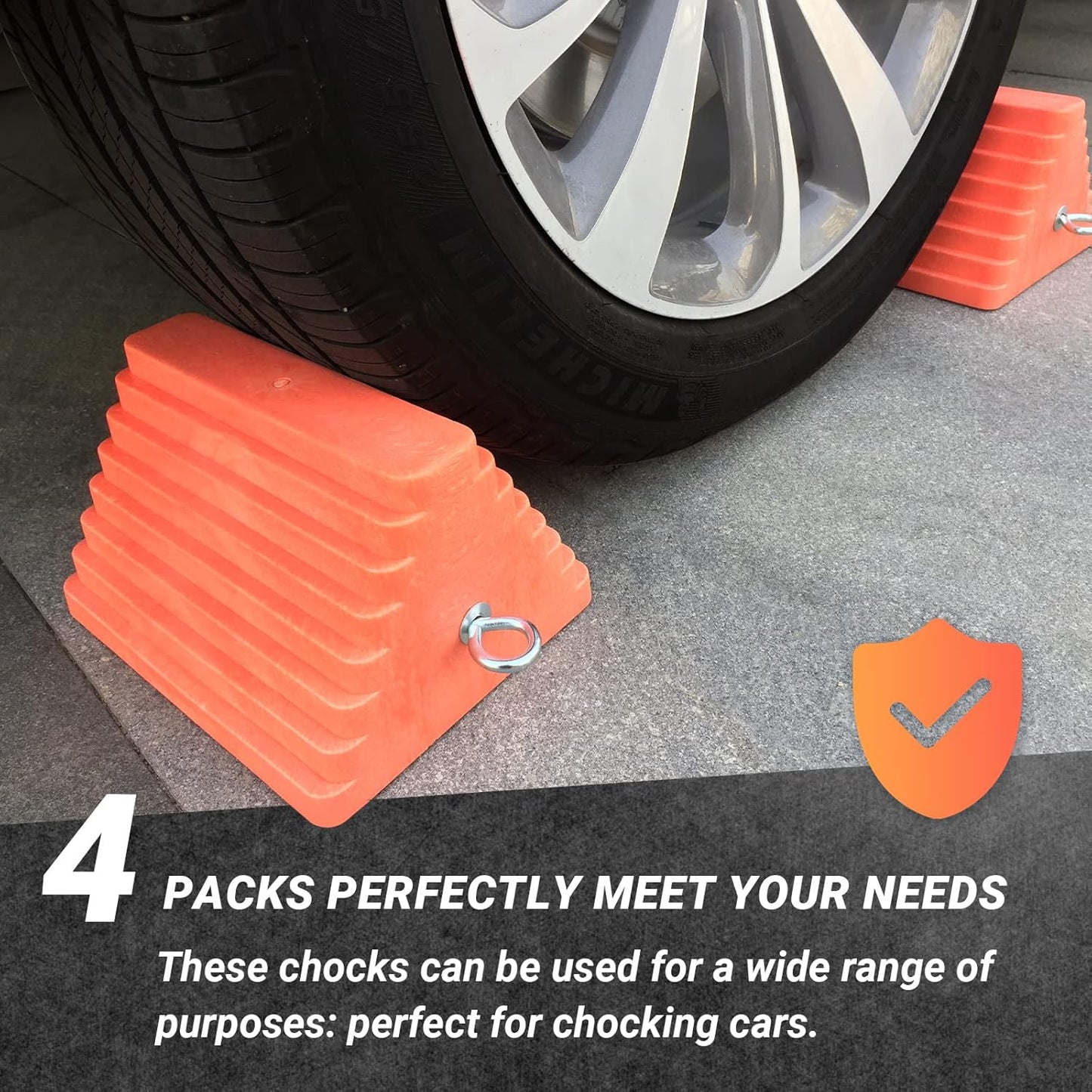 Premium 4 pcs Heavy Duty Wheel Tire Chocks, Vehicle Chocks with Eyebolt for Travel Trailers, Camper, Truck, Car and ATV 4 Pack, Orange