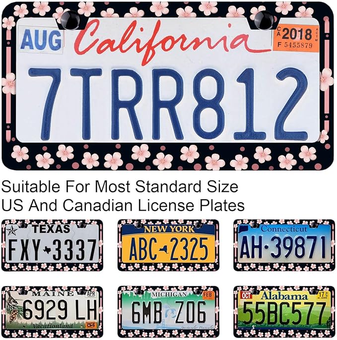 Personalise cherry blossom License Plate Frames, Rust-Proof Stainless Steel - Screws, Fasteners, and Caps Included - Personalized Cover for Women and Men - 12.3x6.3 Inch License Plate Holder -DATANSEN
