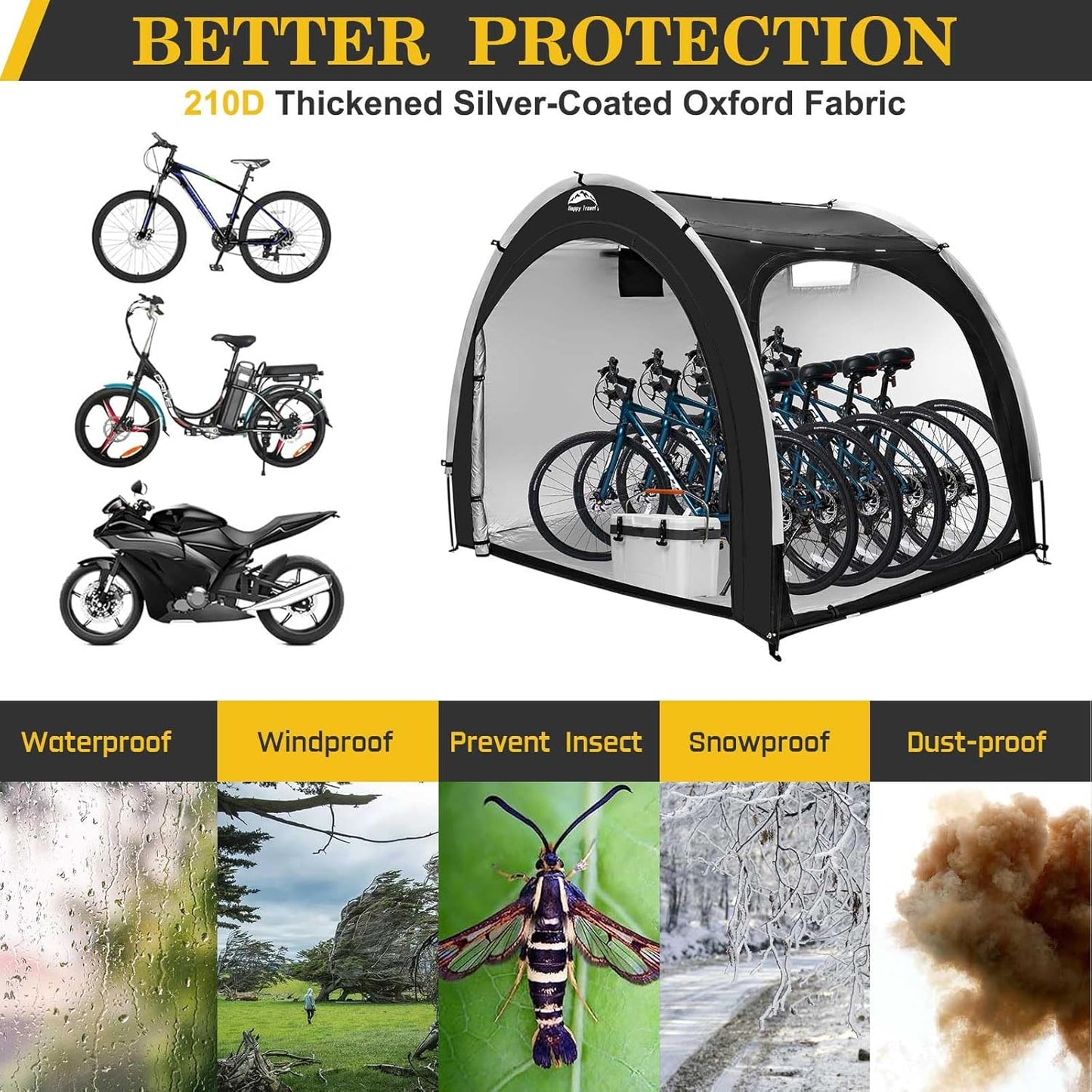 Happy Travel Bike Storage Shed Tent,Outdoor Portable Bicycle Storage Sheds with 210D Oxford Fabric PU4000 Waterproof for 2/3/4/6/8 Bikes,Bike Covers Shelter for Motorcycle,Garden Tools,Toys,Lawn Mower