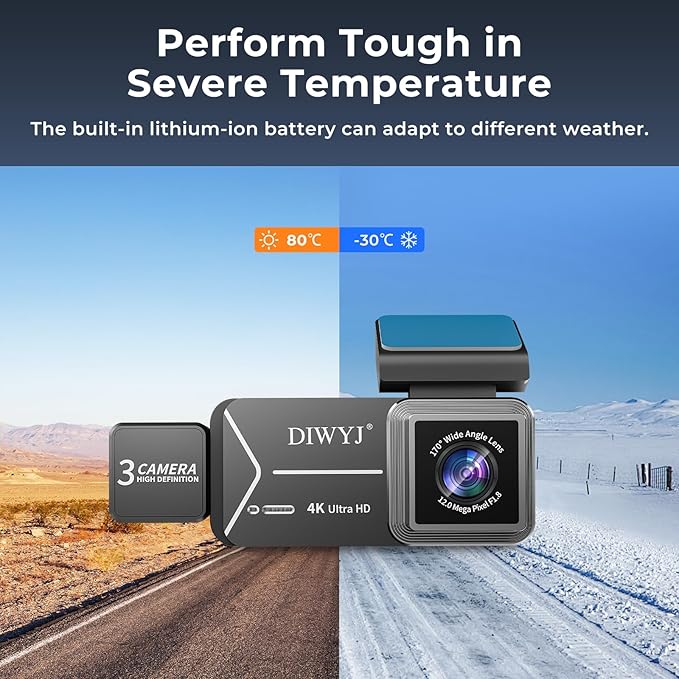 3-Channel 4K Dash Cam, Front 4K + Interior & Rear 1080P, 3.39" IPS Touchscreen, Fisheye Wide-Angle Lenses, WiFi App, Parking Mode, G-Sensor, Supercapacitor, 64GB Card Included