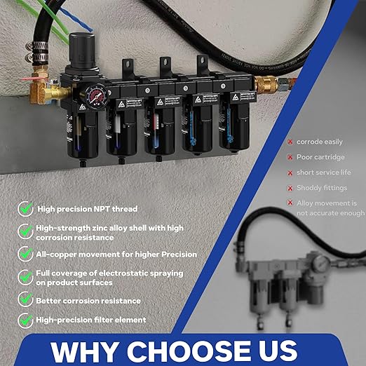 1/2'' NPT 5 Stage Air Dryer for Compressor,5 &0.5 &0.01 Micron Filter Cartridge Air Drying System,Double Desiccant Dryers & Air Regulator,Metal Bowl, Semi-Auto Drain,Industrial Grade-Black