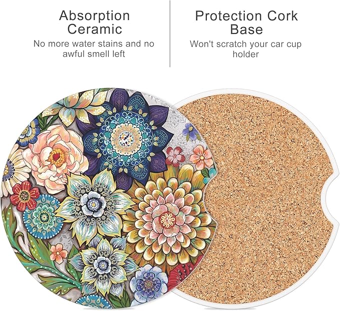 Car Cup Holder Coaster, Car Coasters for Cup Holders, 4 Pack Universal Anti Slip Insert Absorbent Ceramic Auto Interior Accessories with A Finger Notch & Cork Base, Mandala Flowers