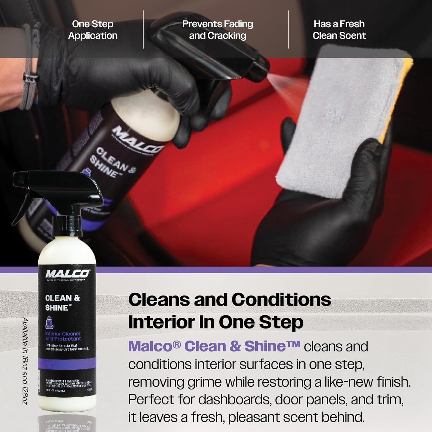 Malco Clean & Shine Interior Car Cleaner and Dressing – Restore Leather, Plastic and Vinyl Surfaces in Your Vehicle/Clean, Condition and Protect in 1 Simple Step / 16 oz. (125916)