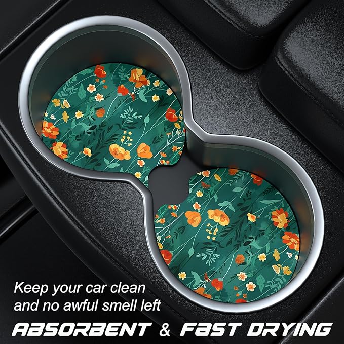 Car Cup Holder Coasters, 2 Pack Universal Auto Anti Slip Insert Coaster with A Finger Notch, Cute Car Assecories for Women Men, Cup Mat for Most Interior, Beautiful Flowers