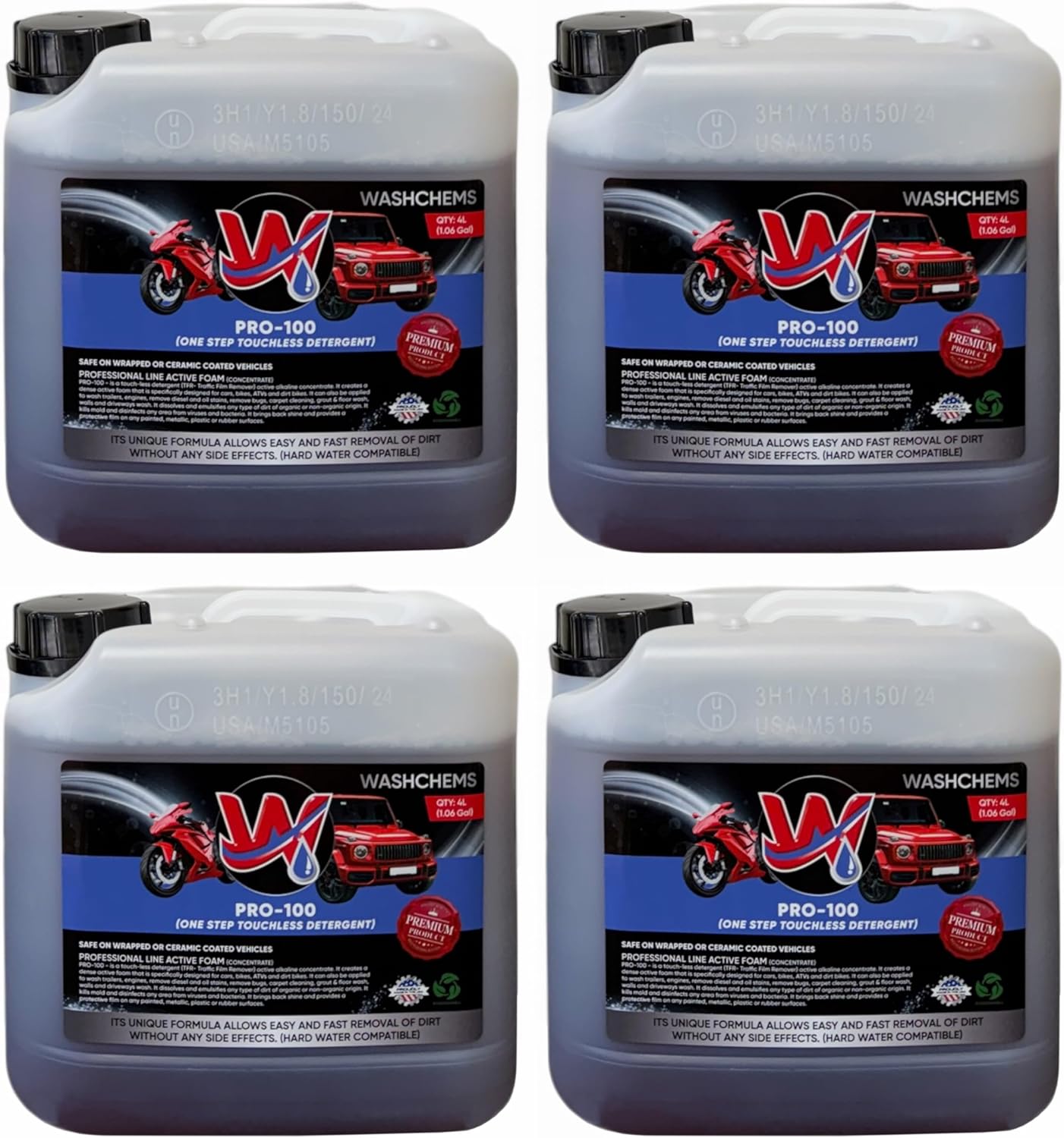 Wash Chems Pro 100 Touchless Car Wash Detergent Soap Concentrate (1 Gal, 128 oz) No Brushing (Heavy-Duty) Commercial Grade Professional Auto Foam Cleaner Great for Trucks & Tractors (4, 1 gallon)