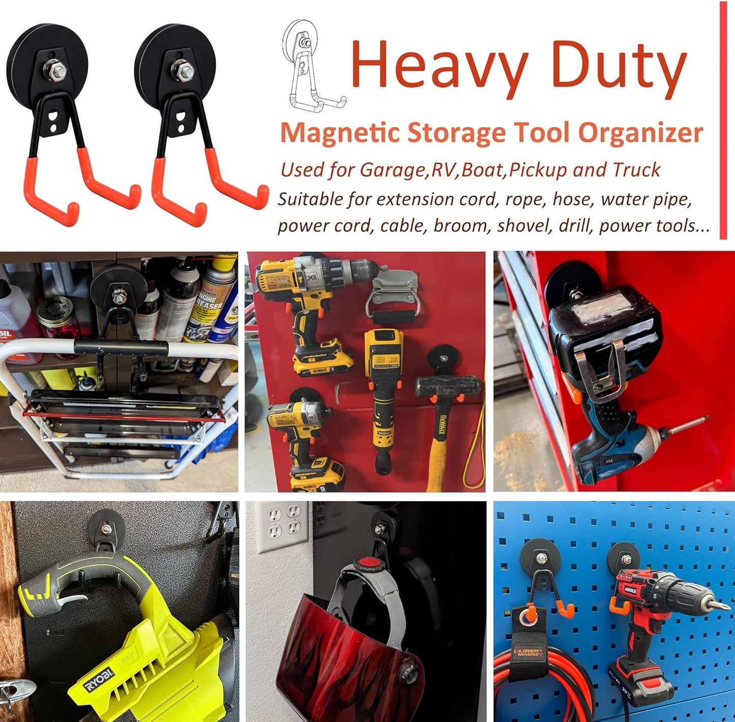 ULIBERMAGNET Heavy Duty Magnetic Garage Hook,10 Pack Strong Large Magnet Hooks for Power Drill,Garden Tools,Hose,Pegboard,Garage, Workshop,Magnetic Storage Hooks for Indoor Outdoor Hanging(Orange)