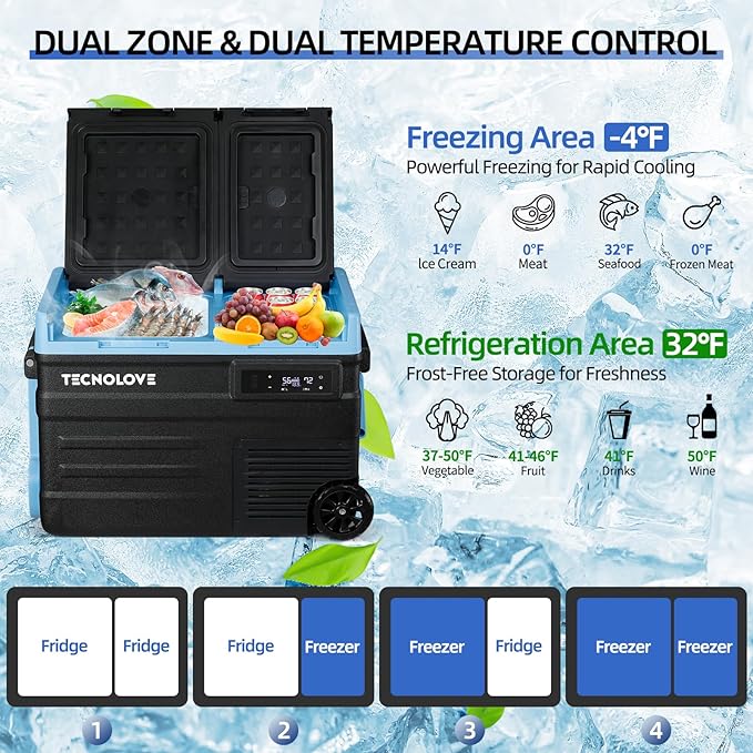 45L Car Refrigerator Freezer, 48QT Dual Zone 12V / 24V Portable Fridge with Reversible Door, Battery Slot, All-Terrain Wheels, AC/DC Powered, Touchscreen Control, LED Light, -4℉~68℉, Ice Blue
