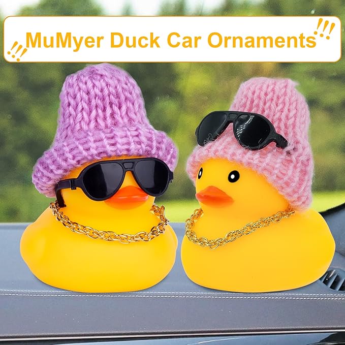 Car Rubber Duck, Yellow Duck Car Dashboard Decorations Accessories with Mini Beanie Hat Necklace and Sunglasses(2 Inch, W4)