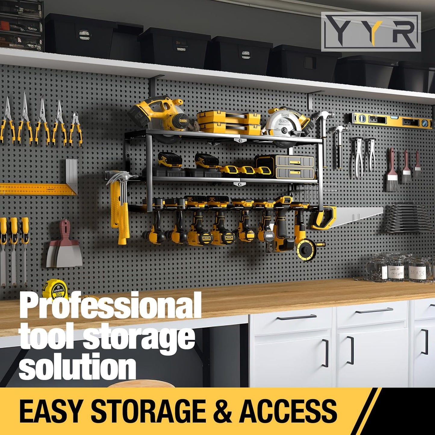 YYR Heavy Duty Power Tool Organizer Wall Mount, Cordless Drill Hanger Storage Rack, Battery Tools Holder with Charging Station Shelf for Garage Organization, Workshop, Pegboard, Shed - 32 Inch 8 Slots