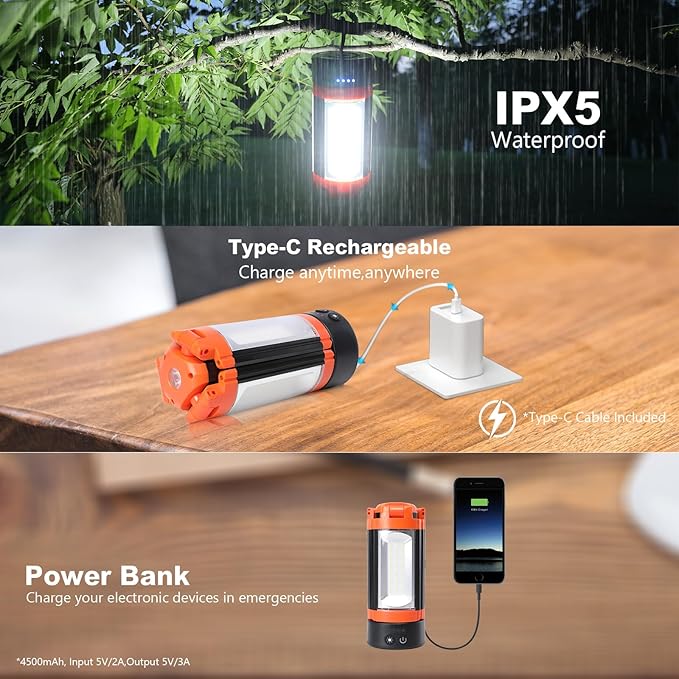 Camping Lights, Portable Rechargeable LED Camping Lantern with 5 Lighting Modes - Telescopic Light with Tripod Work Light, Detachable Flashlight Light for Emergency, Power Outages, Hiking