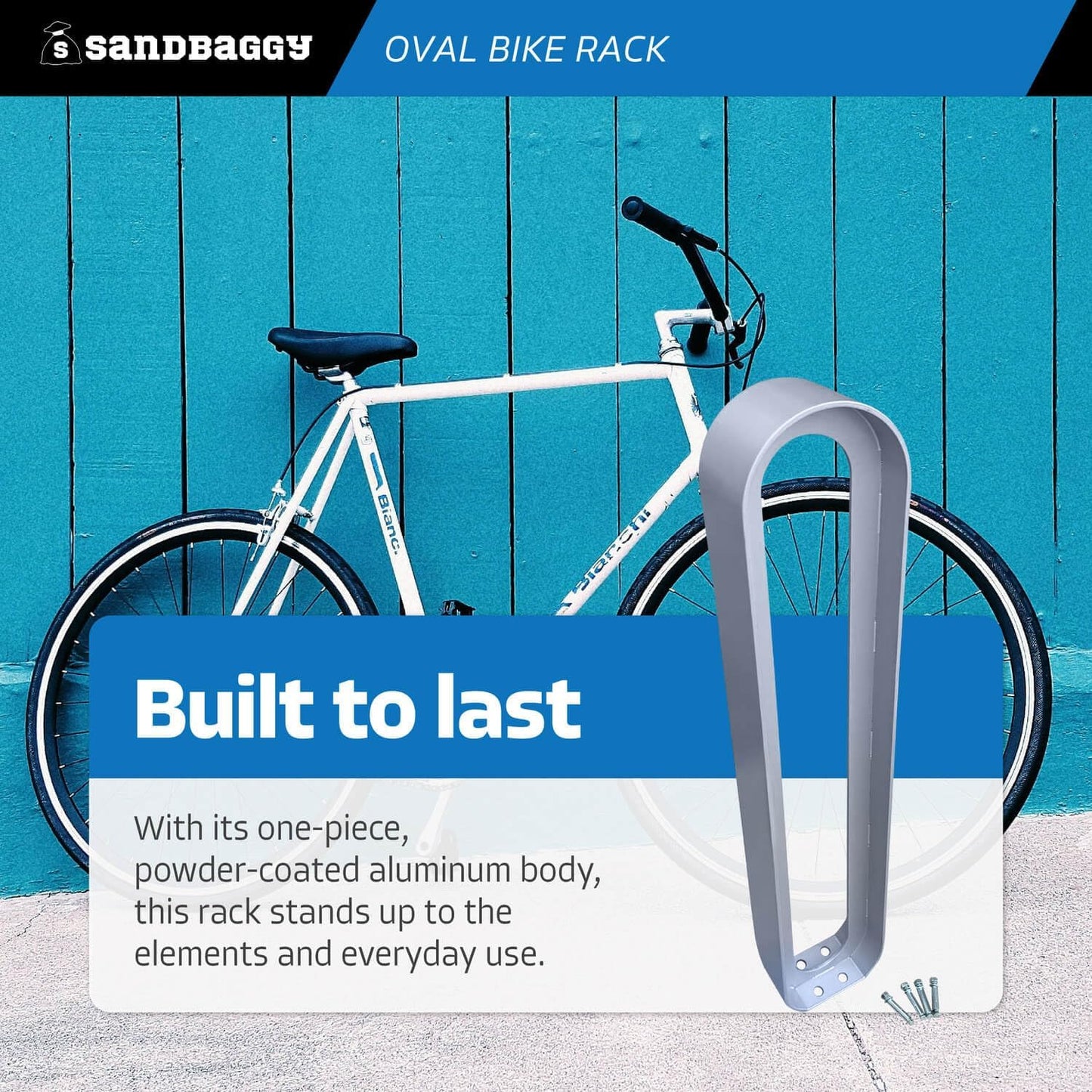 Sandbaggy Modern Commercial Bike Rack | 6.5” x 3” x 35” Oval Design | In-Ground | Anchor Bolts Included (Blue, 8)
