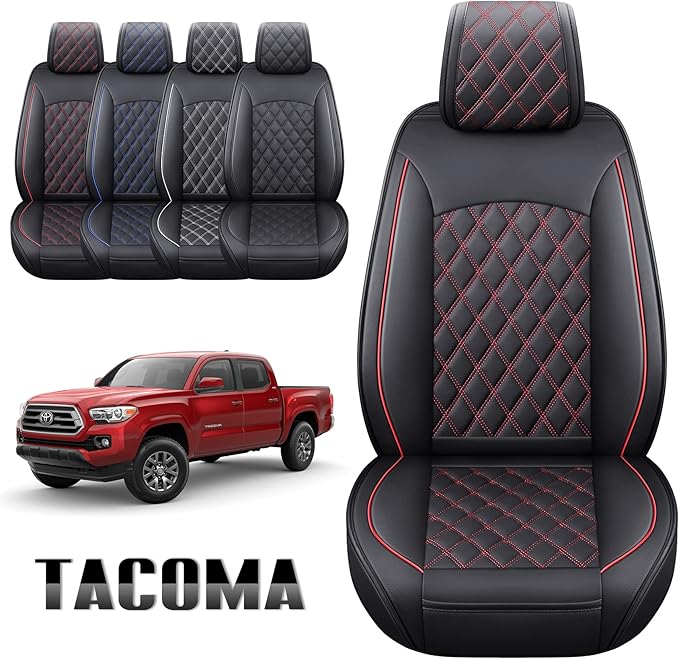 Aierxuan Toyota Tacoma Seat Covers Custom Fit 2005-2025 TRD Pro Army Green Trail Edition SR Double Cab Pickup Truck Waterproof Leather Front Car Cushions 2 PCS Front Black-Red