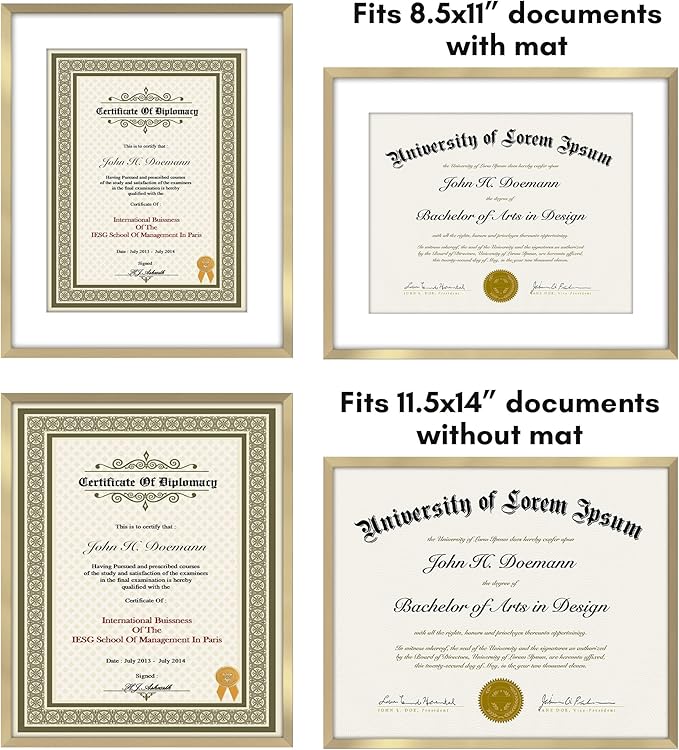 Americanflat 11.5x14 Diploma Frame with Shatter-Resistant Glass - Use as 8.5x11 Frame with Mat or Display 11.5x14 Document Without Mat - Legacy Collection - Certificate Frames for Wall - Gold