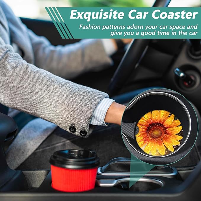 2 Pack Car Cup Holder Coasters - Sunflower Raindrops Absorbent Ceramic Coaster, Car Coasters for Cup Holders, Car Interior Accessories for Women Men