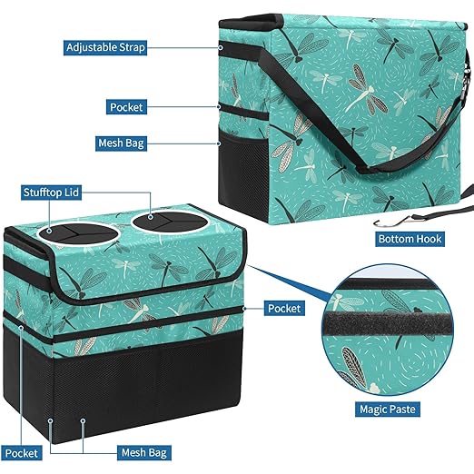 Car Trash Can Green Dragonfly Large Storage Garbage Can with Lid Hanging for Back Seat Leakproof Automotive Vehicle Trash Bin